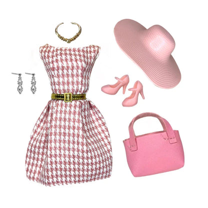 Elegant 1/6 Doll Outfit – Pink Houndstooth Dress, Hat, Gold Belt, Handbag & Shoes Set