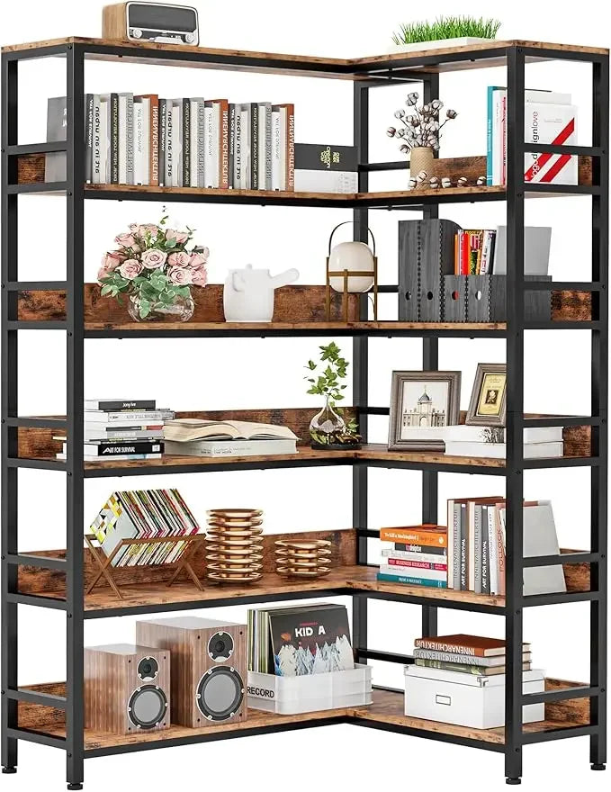 6 Tier Industrial Corner Bookshelves with Baffles - Metal Frame Shelf Storage Rack for Living Room & Home Office