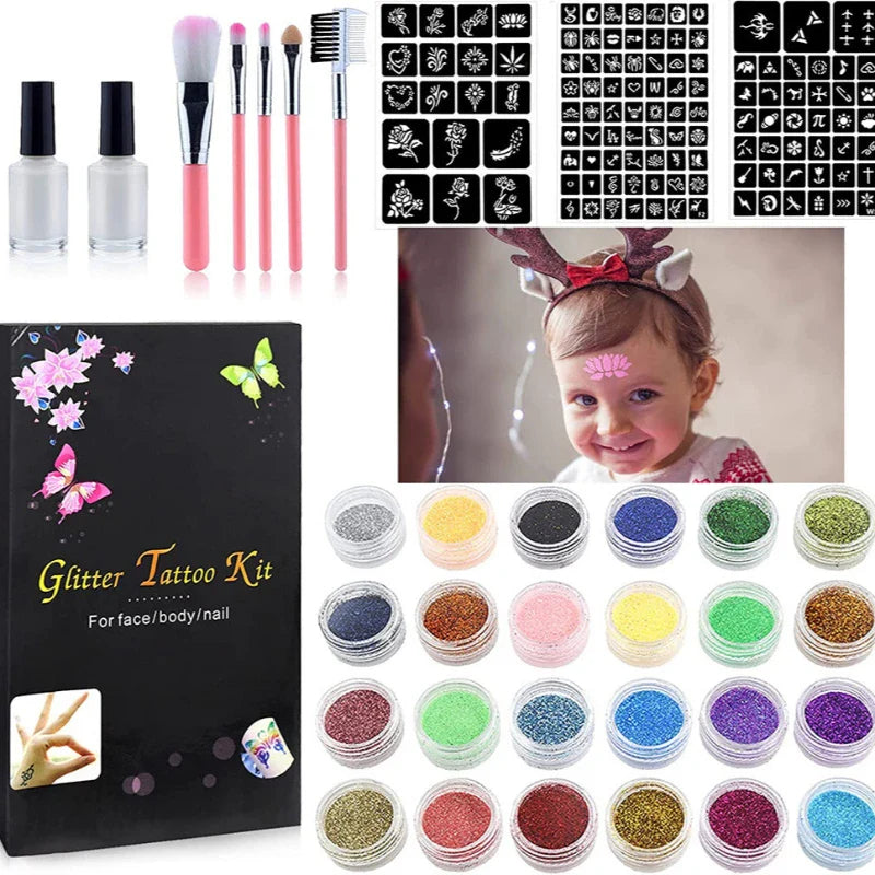 Temporary Glitter Tattoos Kit — 24 Colors with Glue & Stencils, Face & Body Makeup Set for Party & Music Festivals