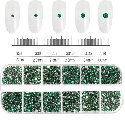 12-Grid 3D Glass AB Crystal Nail Art Rhinestones Kit – Flatback Round Beads with Tools for Nail Jewelry & Diamond Decoration