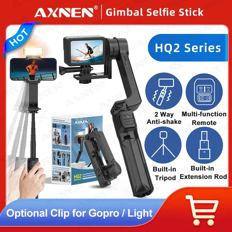 AXNEN HQ2 Series Handheld Mobile Phone Stabilizer – Smartphone Gimbal & GoPro Extension Rod Selfie Stick Tripod
