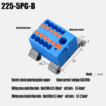 Compact Push-In Wire Connector Terminal Block – Fixed Modular Multi-Link Splicing 1-In Multiple-Out Lighting Connector 225 Series
