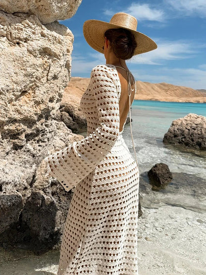 Women’s Sexy Knit Mesh Backless Maxi Dress – Bell Sleeve Summer Beach Cover Up Slim Fit Vacation Tunic Outfit 2026