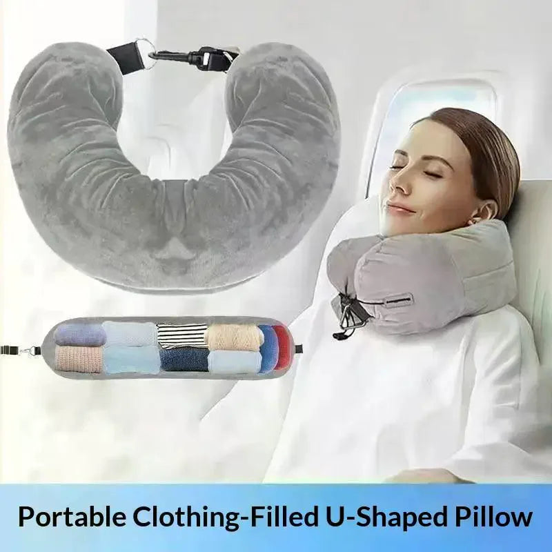 Travel U-Shaped Neck Pillow with Fillable Clothing Storage Bag – Crystal Fleece Pillowcase for Airplane & Comfort Travel Support