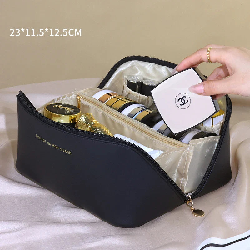 Large Capacity Leather Travel Cosmetic Bag: Waterproof Women's Makeup Case - Portable Multifunctional Toiletry Organizer