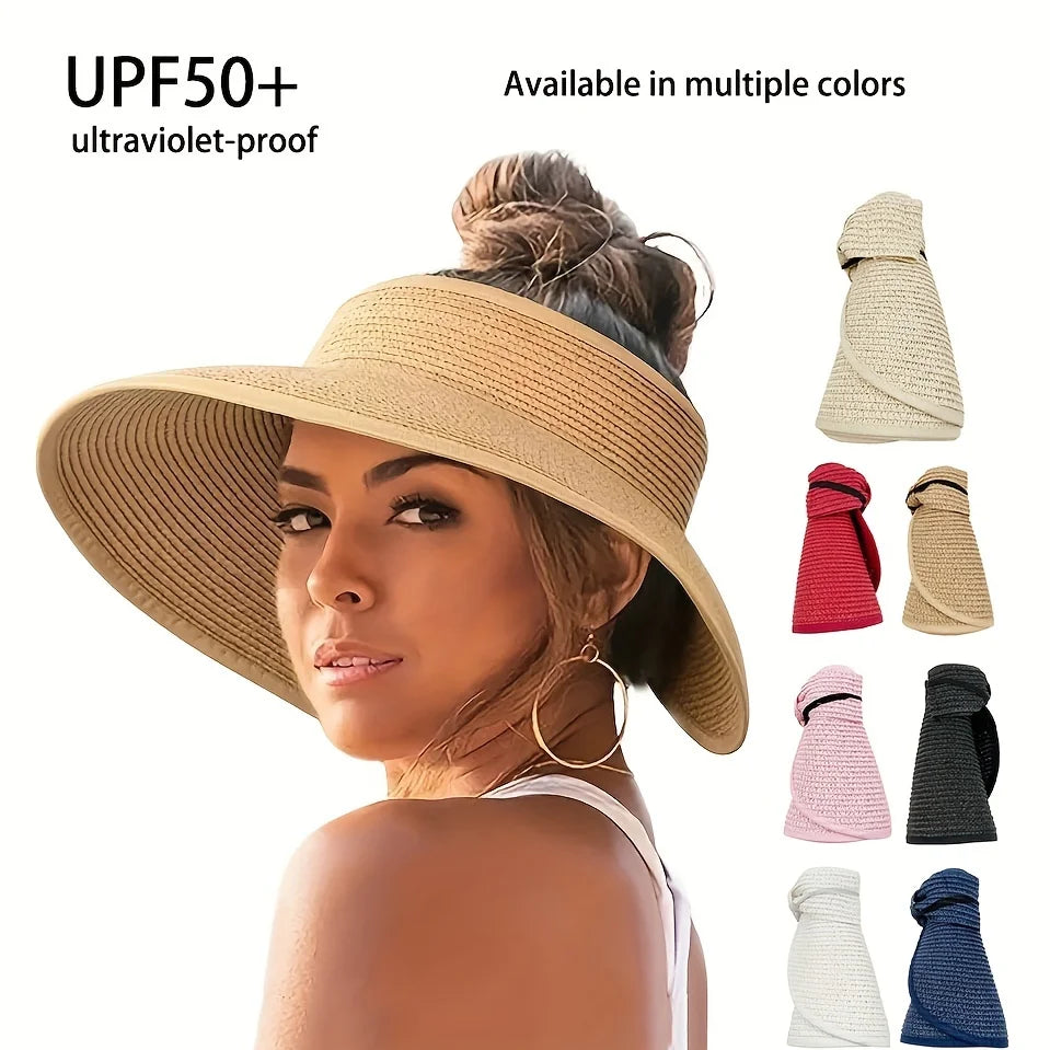 Women’s Summer Visor Hat – Foldable Wide-Brim Straw Cap, Stylish UV-Resistant Sun Hat for Beach & Hiking