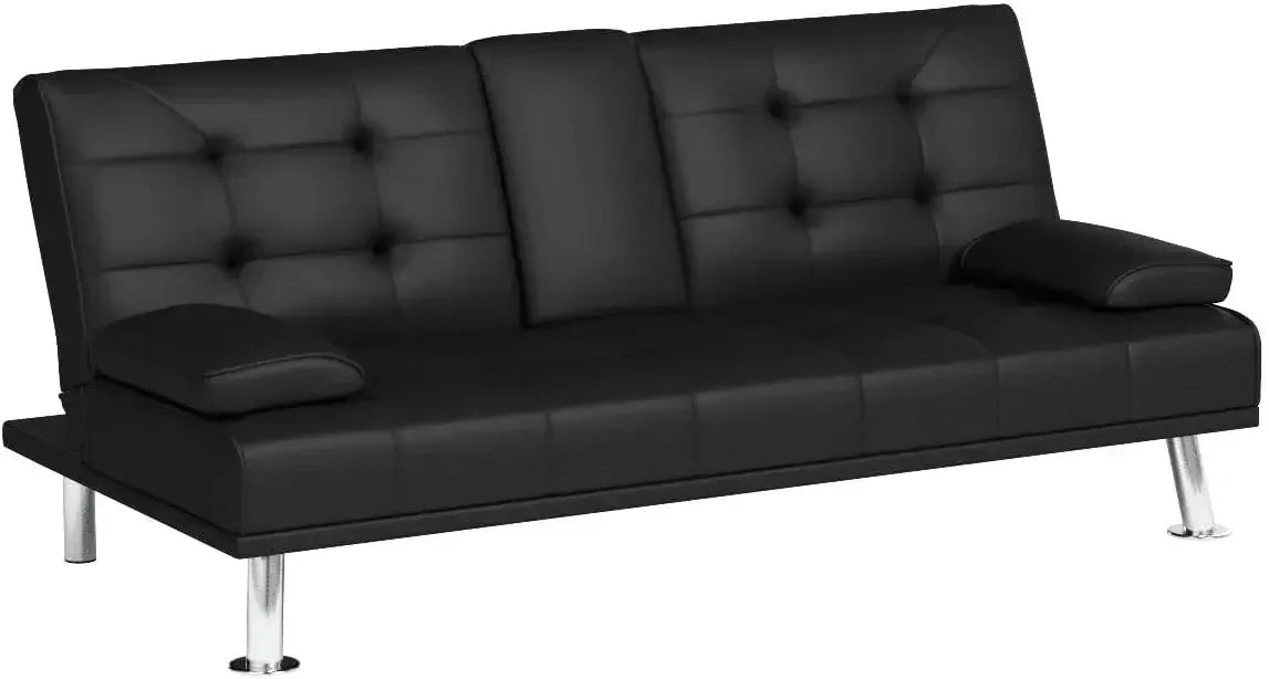 Modern Black PU Leather Futon Sofa Bed – Convertible Recliner Lounge with Folding Design & 2 Cup Holders