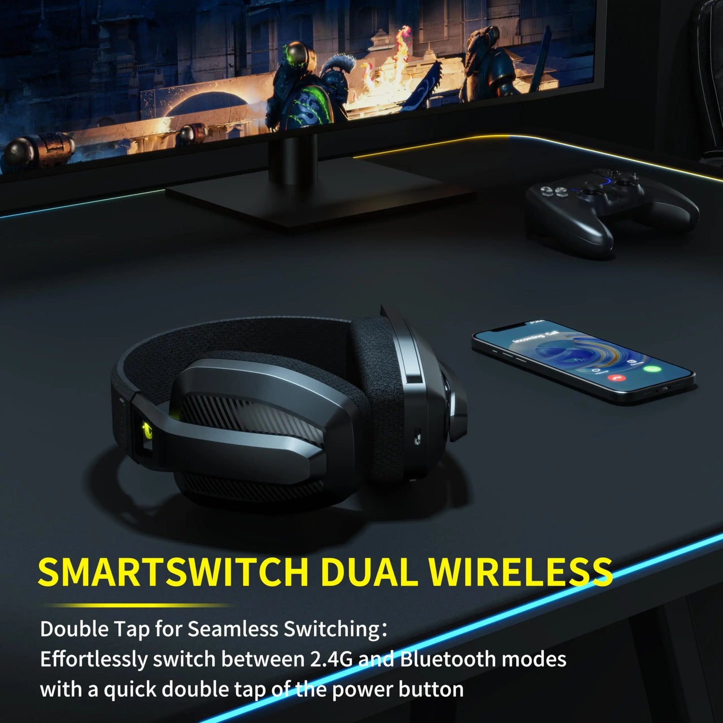 BINNUNE BW06 2.4GHz Wireless Gaming Headset — Bluetooth Headphone with Mic for PS5, PS4, PC, Mac, Playstation
