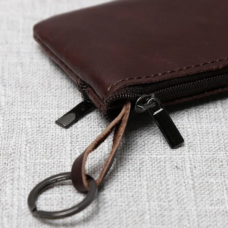 Leather Mini Coin Purse – Unisex Retro Handmade Cowhide Small Wallet with Zipper & Key Case