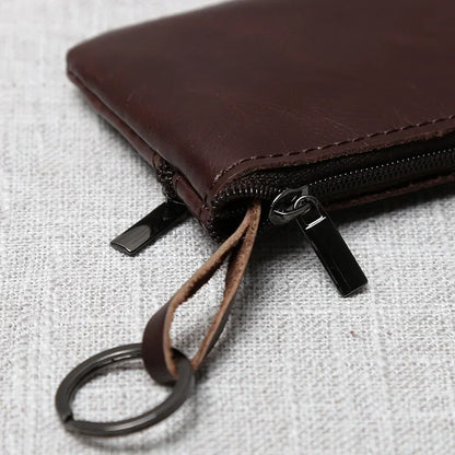 Leather Mini Coin Purse – Unisex Retro Handmade Cowhide Small Wallet with Zipper & Key Case
