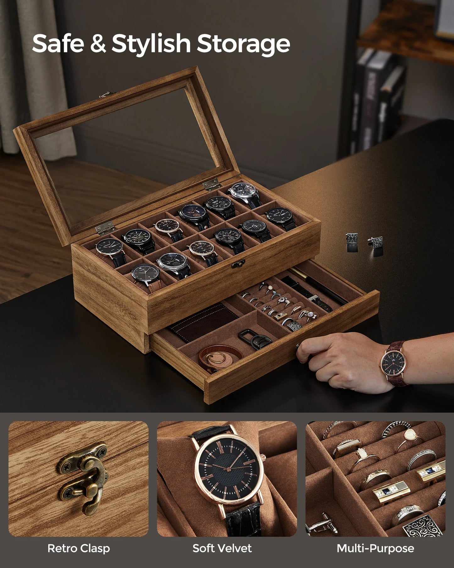 SONGMICS 12-Slot Watch Box – 2-Tier Watch Display Case with Glass Lid, Removable Pillows & Velvet Lining Jewelry Organizer