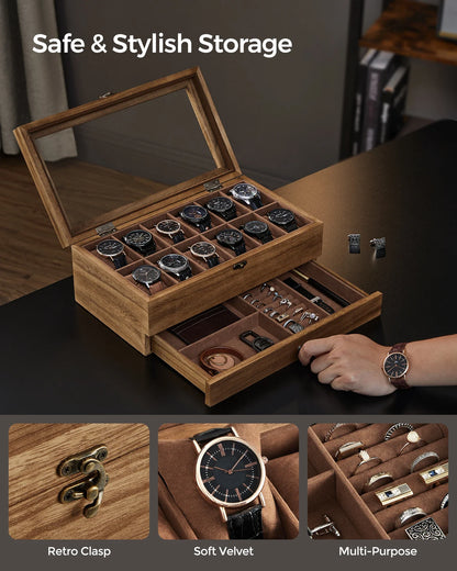 SONGMICS 12-Slot Watch Box – 2-Tier Watch Display Case with Glass Lid, Removable Pillows & Velvet Lining Jewelry Organizer