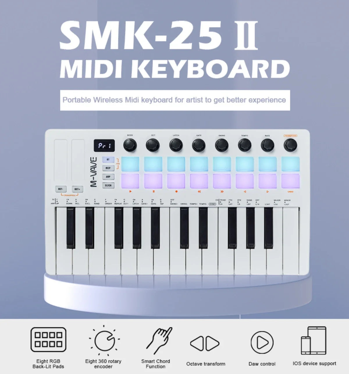 M-VAVE SMK-25 II MIDI Controller Keyboard – 25-Key USB Mini, 16 RGB Drum Pads, 8 Knobs, Music Production Software Included