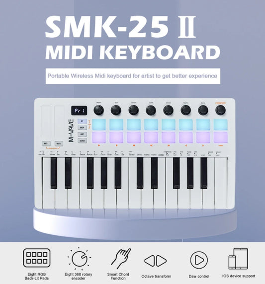 M-VAVE SMK-25 II MIDI Pad Controller Keyboard – 25 Key USB Mini, 16 RGB Drum Pads, 8 Knobs, Music Production Software Included