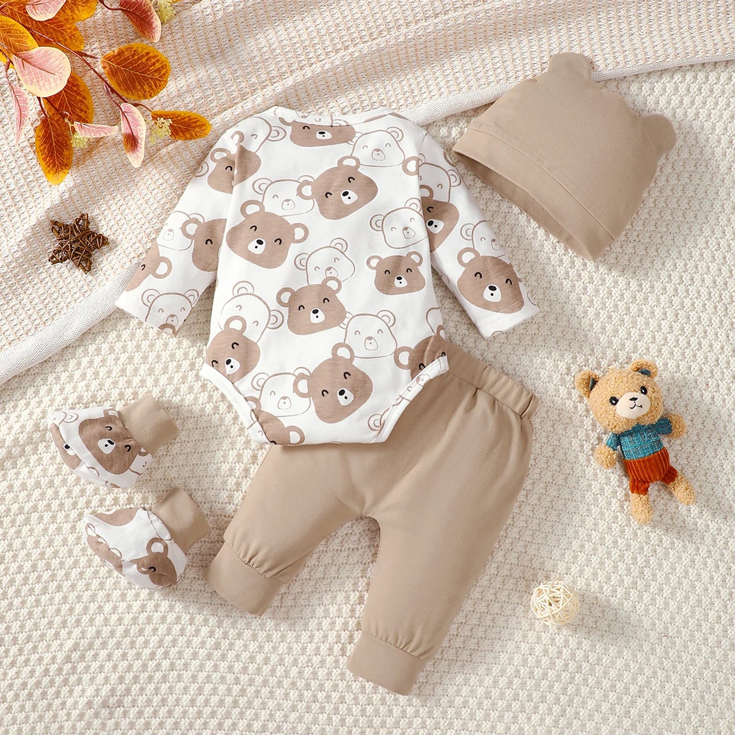 0-9 Months Baby Boy Set – Little Bear Long Sleeve Bodysuit, Pants, Hat & Socks for Spring & Autumn Newborns