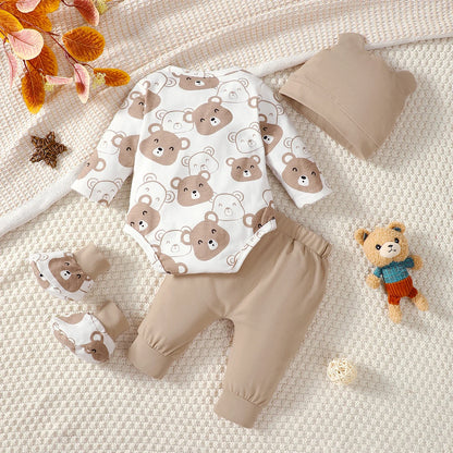 0-9 Months Baby Boy Set – Little Bear Long Sleeve Bodysuit, Pants, Hat & Socks for Spring & Autumn Newborns