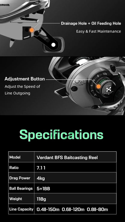 Histar Verdant BFS Ultra-Light 118g Carbon Fiber Baitcasting Reel – 7.2:1 Gear Ratio, 4KG Drag, Durable & High-Performance