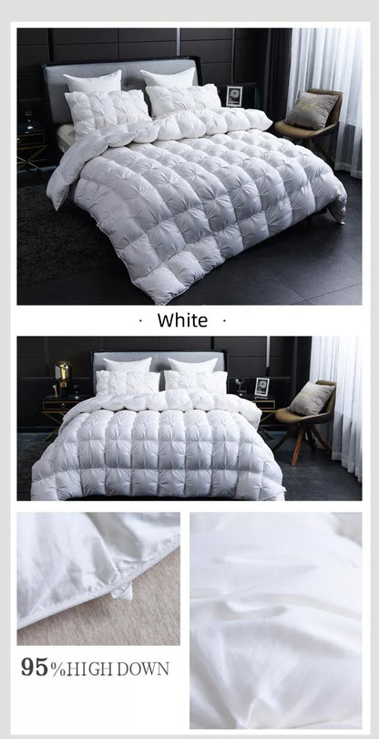 White Goose Down Comforter – Thick Winter 3D Bread Blanket with Luxury Pinch Pleat for Single & Double Beds