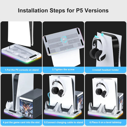 GAMINJA P58 RGB Cooling Stand for PS5 Slim – Console Charging Dock with Gamepad Charger, Headset Hook & Game Disc Storage Rack for Disc & Digital Edition