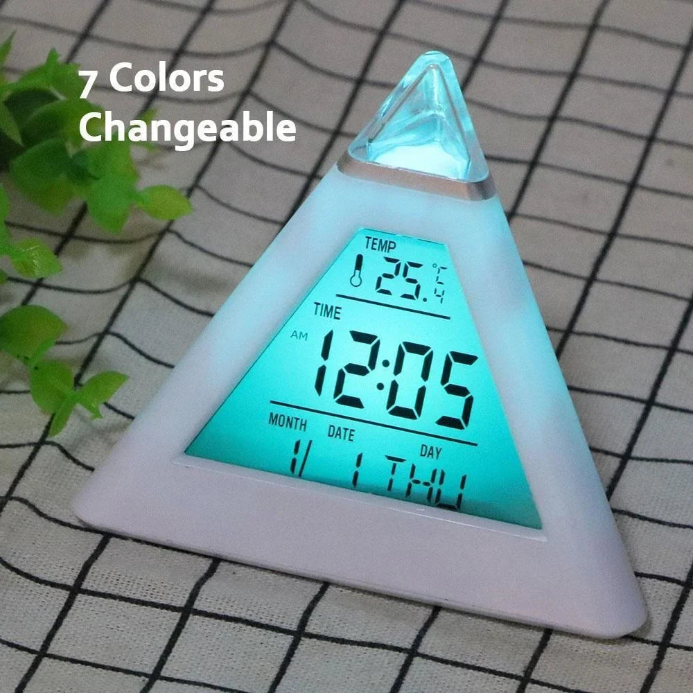 Triangular Digital LED Table Clock – 7-Color Changing Display, Temperature, Week, Alarm for Bedside & Room Decor