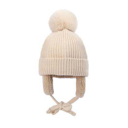 Winter Baby Beanie Hat with Pompom & Earflaps – Thick Wool Plush Knitted Cap for Girls & Boys, Ages 2-8T