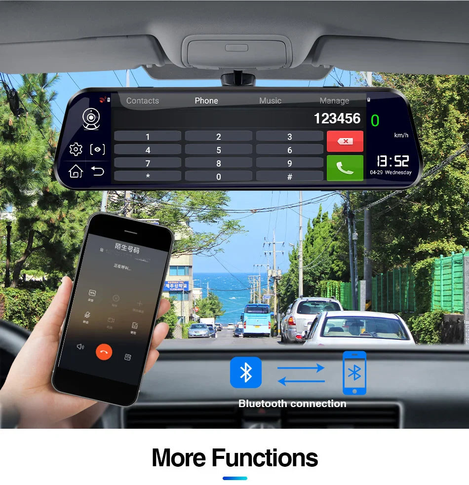 E-ACE 10'' 4G Android Dash Cam – FHD 1080P Dual Lens Rearview Mirror DVR with ADAS & Streaming