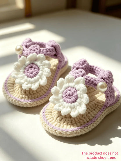 Handmade Crochet Baby Girl Sandals - Pink & Beige Flower Pearl Newborn Booties