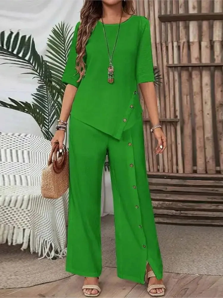 Women's Irregular Hem Two-Piece Set - Elegant Short-Sleeve Button Shirt & Loose Casual Trousers Outfit