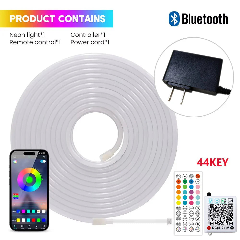 EU Plug DC24V RGB Neon LED Strip – 3535 Bluetooth Music Sync Waterproof Rope Light, 5-30M for Indoor & Outdoor Decor
