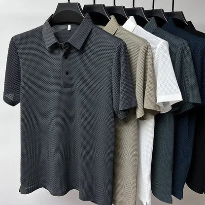 Men’s Business Casual Short Sleeve Polo — Solid Color Floral Summer Shirt, Breathable & Comfortable