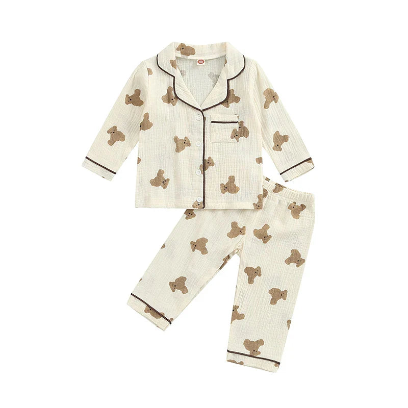 VISgogo Kids Unisex Cotton Linen Pajama Set - Bear Print Long Sleeve Top & Pants, Casual Spring Outfit