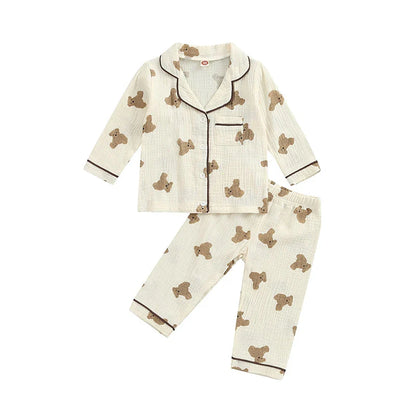 VISgogo Kids Unisex Cotton Linen Pajama Set - Bear Print Long Sleeve Top & Pants, Casual Spring Outfit