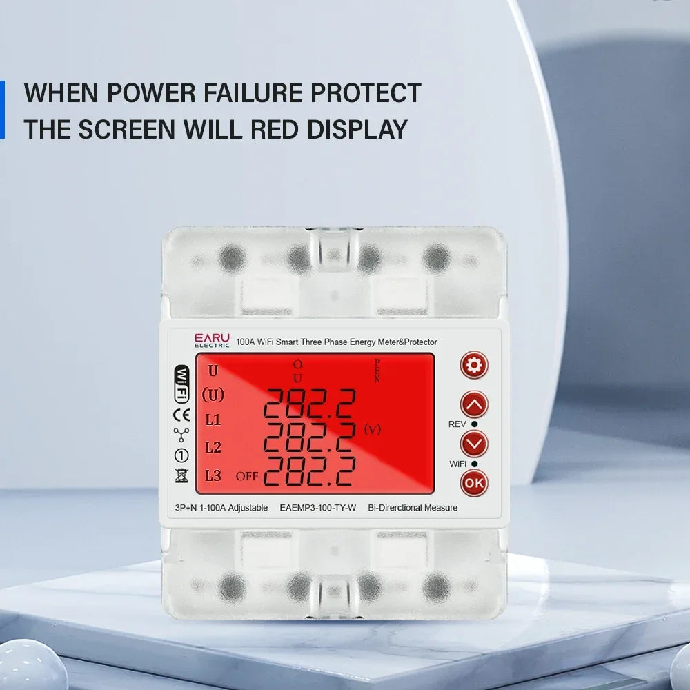 Tuya WiFi 3-Phase 380V Smart Energy Meter – Bi-Directional kWh Power Monitor with Over/Under Voltage Protection & Current Limit Relay Switch