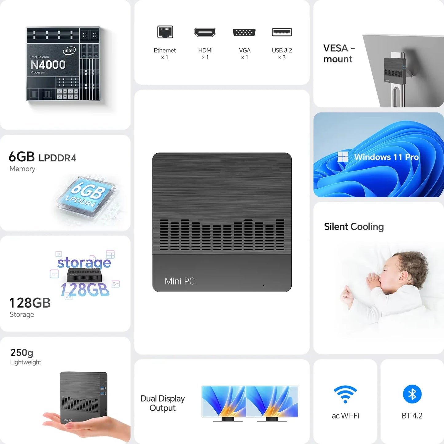 SOYO M2 Air Mini PC — Intel N4000, 6GB RAM, 128GB eMMC, Windows 11 Pro, Compact Desktop for Home, Business & Gaming