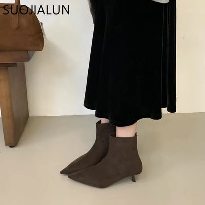 SUOJIALUN 2024 Winter New Women’s Short Boots – Fashion Pointed Toe, Elegant Ankle Boots with Thin High Heel Dress Pumps