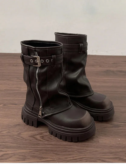 Women’s Winter Biker Boots – Fashion Belt Buckle Platform Short Booties, Casual Knight-Style Flats