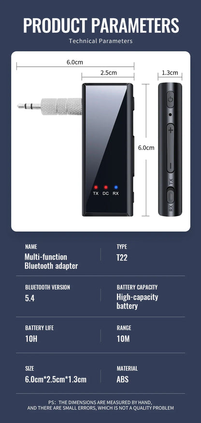 Bluetooth 5.4 Audio Transmitter Receiver – 3.5mm AUX Wireless Adapter with Mic & TF Card Support for Car, TV, PC