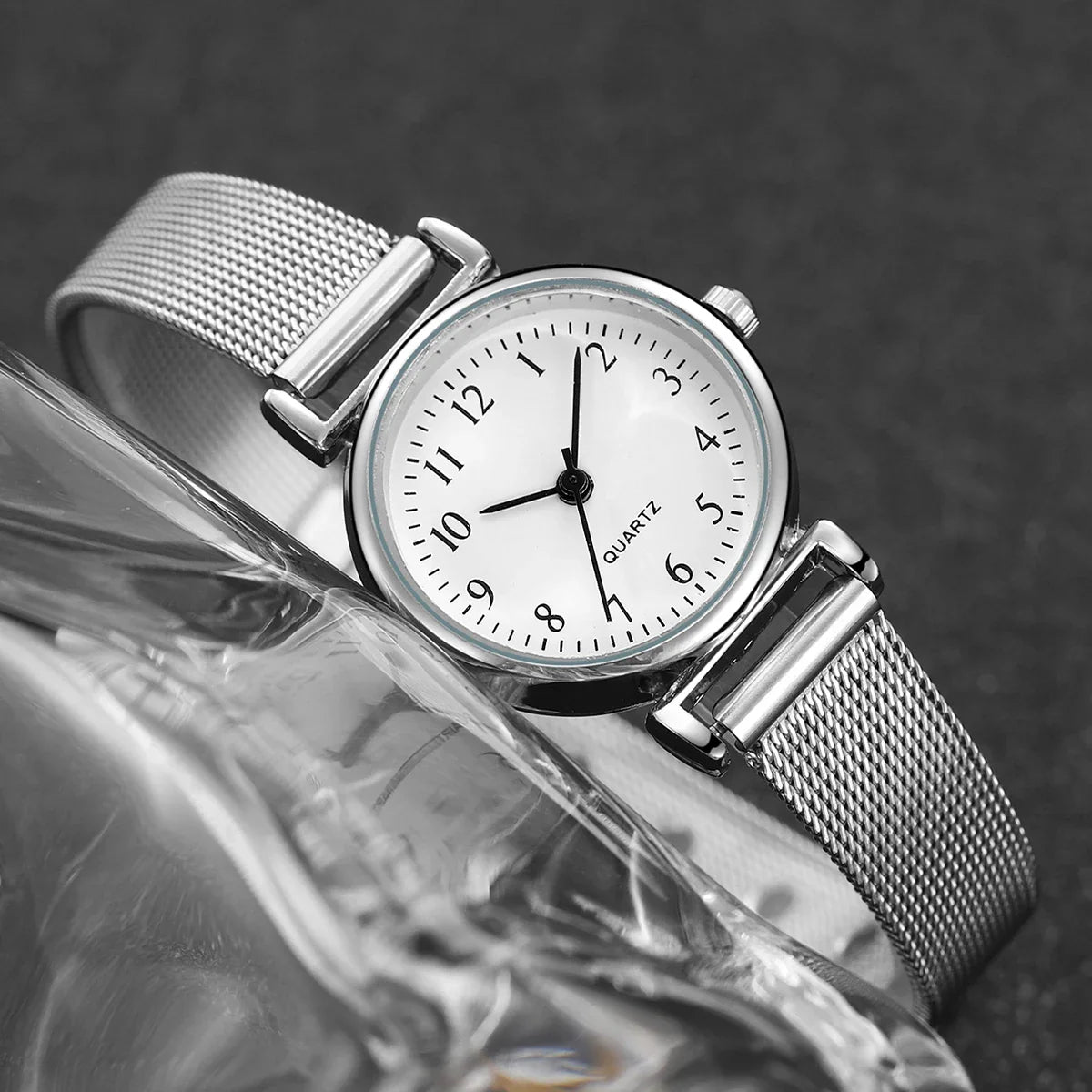 2PCS Fashion Arabic Dial Women's Quartz Watch – Steel Mesh Band & Opening Cuff Bracelet Bangle Set (No Box)