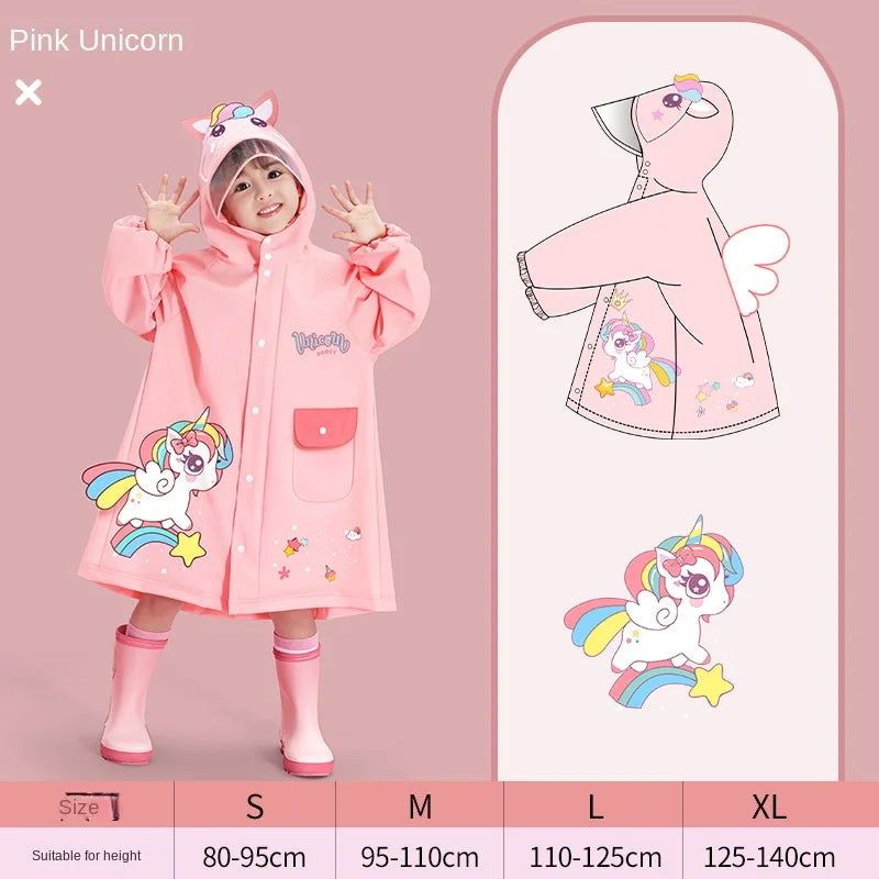 Kids Cartoon Raincoat for Girls & Boys - Satchel Bit Poncho with Storage Bag