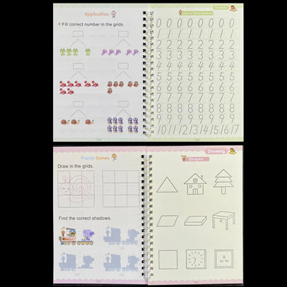 4-Piece Magic Practice Copybook Set with Pen — Reusable English Calligraphy Writing Book for Kids & Preschoolers