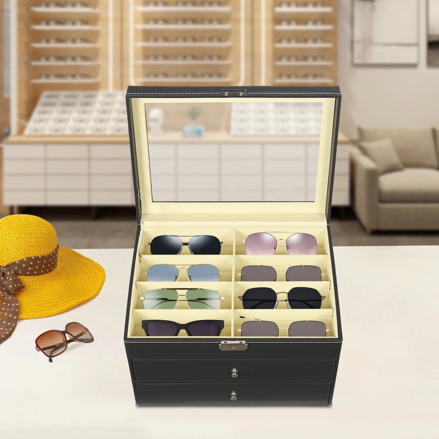 3-Layer Leather Glasses Organizer with Drawer – 24 Slot Sunglasses Display & Storage Case Rust-Resistant