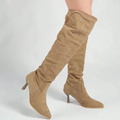 2025 Women’s Retro Black Suede Knee-High Boots – Pointed Toe, High Heel, Plus Size