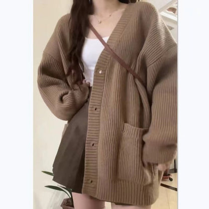 Autumn Winter Women’s Cardigan Sweater Coat – Fashion Long Sleeve V-Neck, Loose Fit Knitted Jacket, Casual Sweater Cardigan