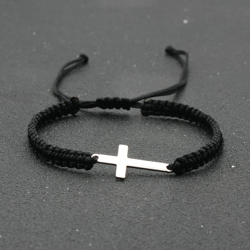 Adjustable Stainless Steel Cross Bracelet with Handwoven Colored Cord – Unisex Couple Friendship Jewelry