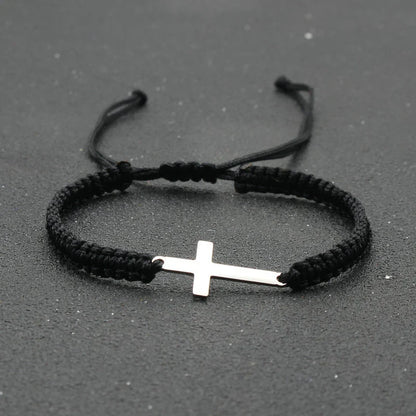 Adjustable Stainless Steel Cross Bracelet with Handwoven Colored Cord – Unisex Couple Friendship Jewelry
