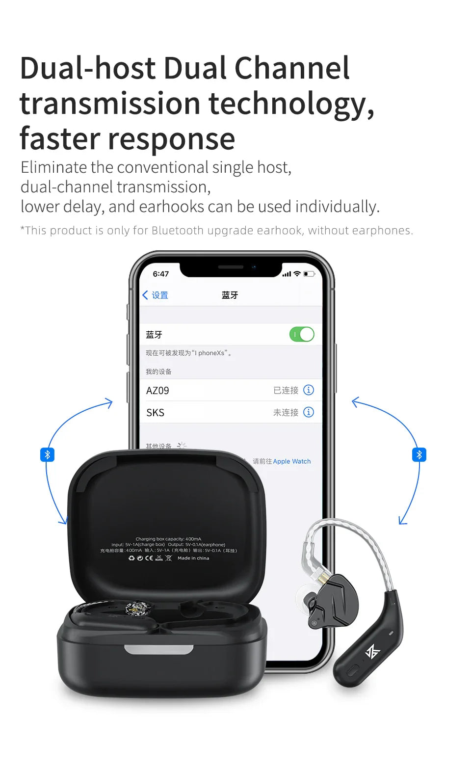 KZ AZ09 HD Bluetooth Earphones – Wireless HIFI Ear Hook Headset with Charging Case, Compatible with KZ EDXPRO ZSNPRO ZS10PRO