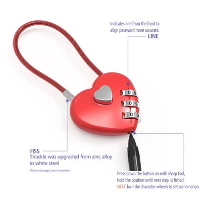 Love-Shaped Heart Code Padlock – Wedding Gift with Password Lock, Long Wire Rope for Trolley Case & Security