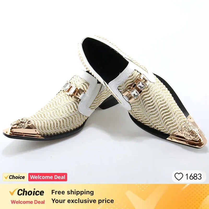 Men's White Gold Toe Oxford Slip-On Loafers - Luxury PU Leather Formal Dress Shoes for Weddings & Parties, Sizes 38-49