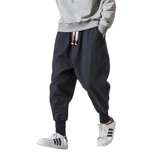 Men’s Cotton Linen Harem Pants – Solid Color Baggy Drop-Crotch Joggers with Elastic Waist Casual Streetwear Trousers