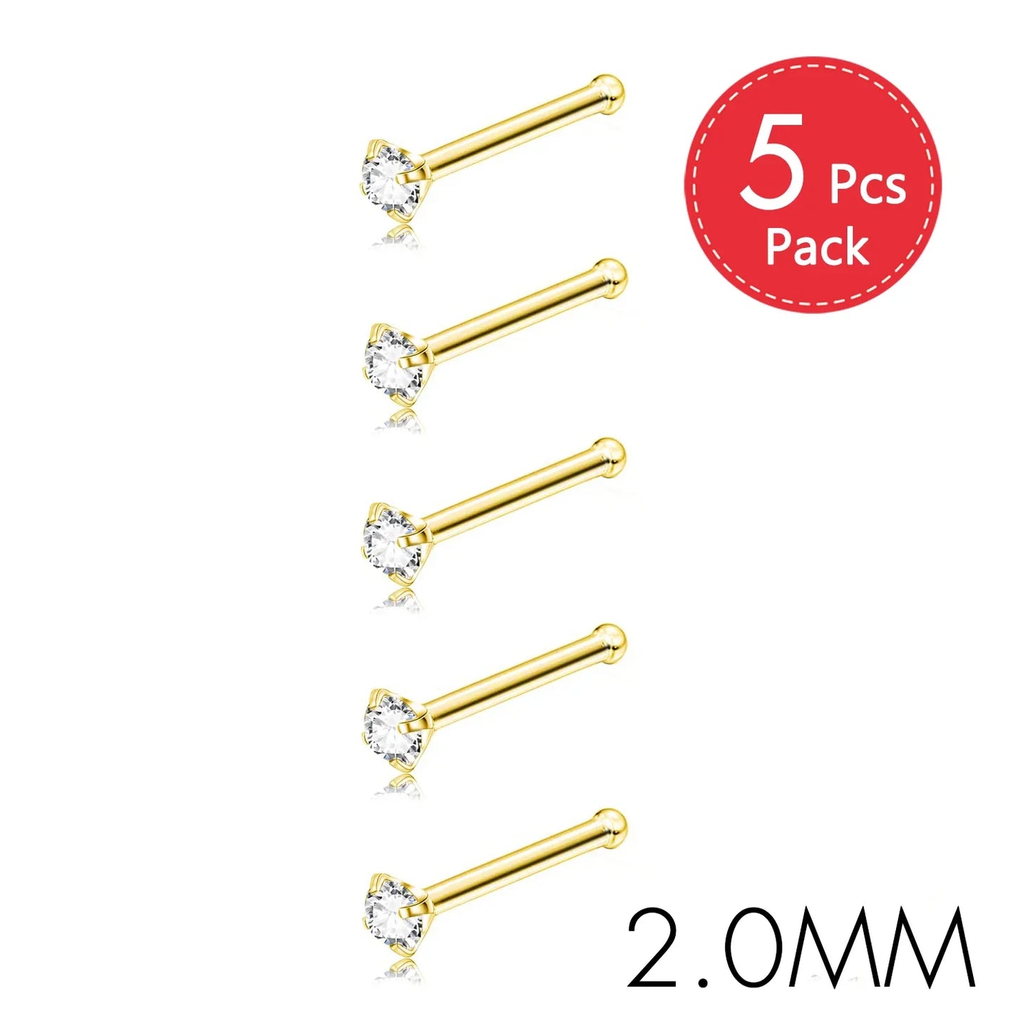 5PCS Stainless Steel Nose Ring Studs — Crystal Nostril Piercing Jewelry for Women & Girls, 1.5/2.0/2.5/3.0mm, 20G